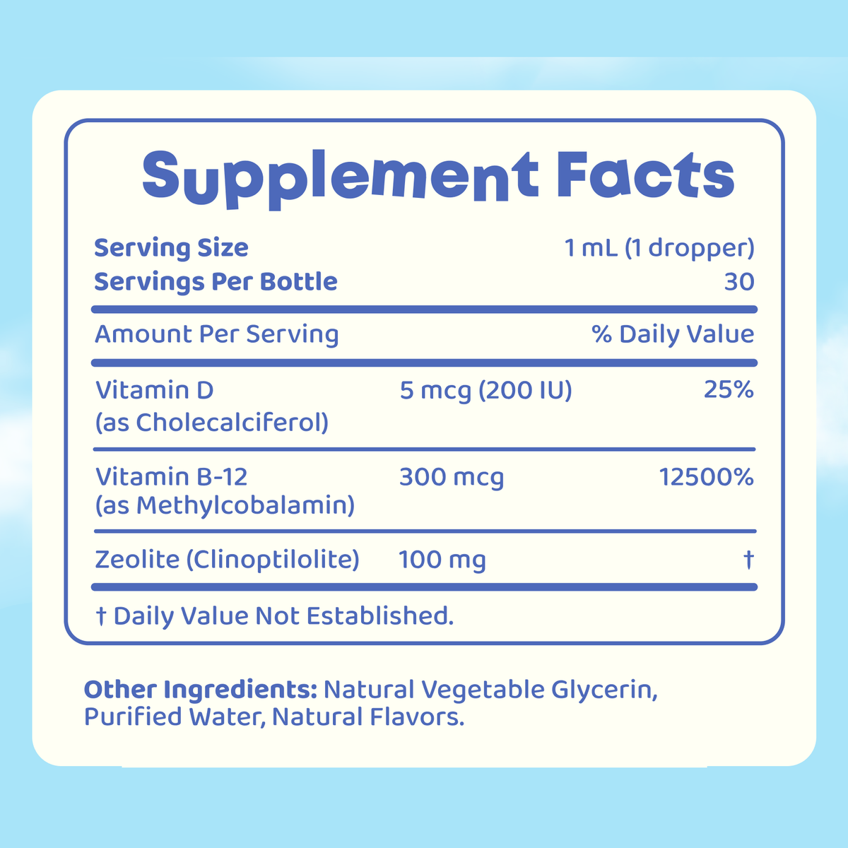 Lingo Leap supplement facts: vitamin D3 5 mcg, vitamin B12 300 mcg, zeolite 100 mg per 1 mL