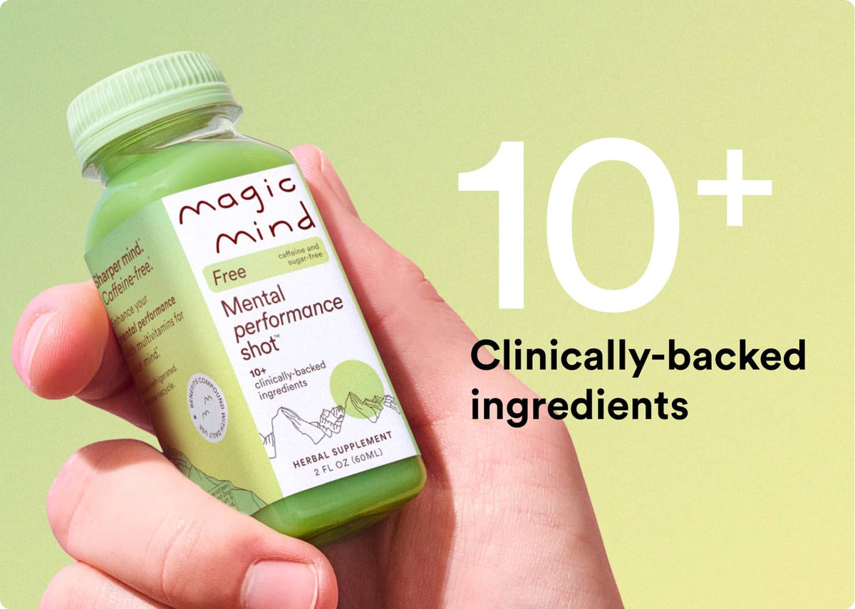 Hand holding a Clear Focus Shot bottle, 10+ clinically-backed ingredients