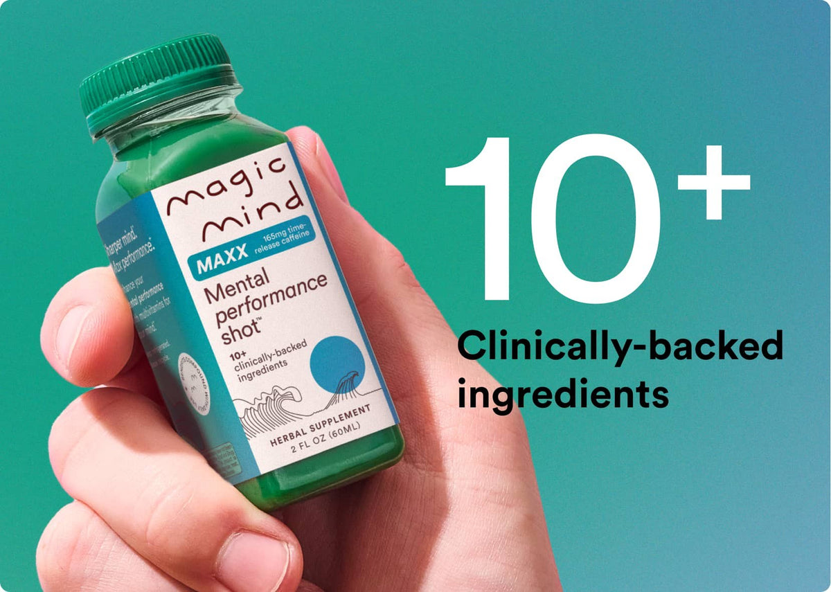 Hand holding a Peak Focus Shot bottle, 10+ clinically-backed ingredients
