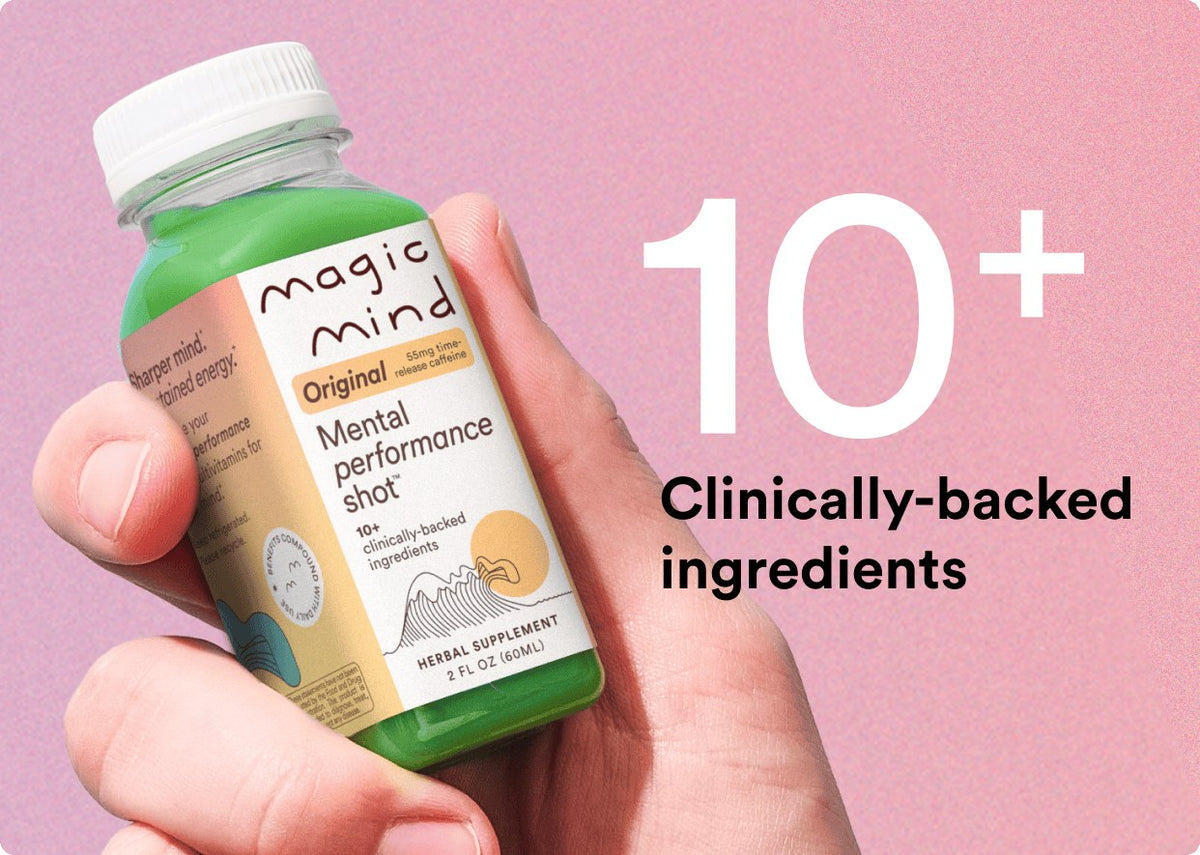 Hand holding a Rise Focus Shot bottle, 10+ clinically-backed ingredients