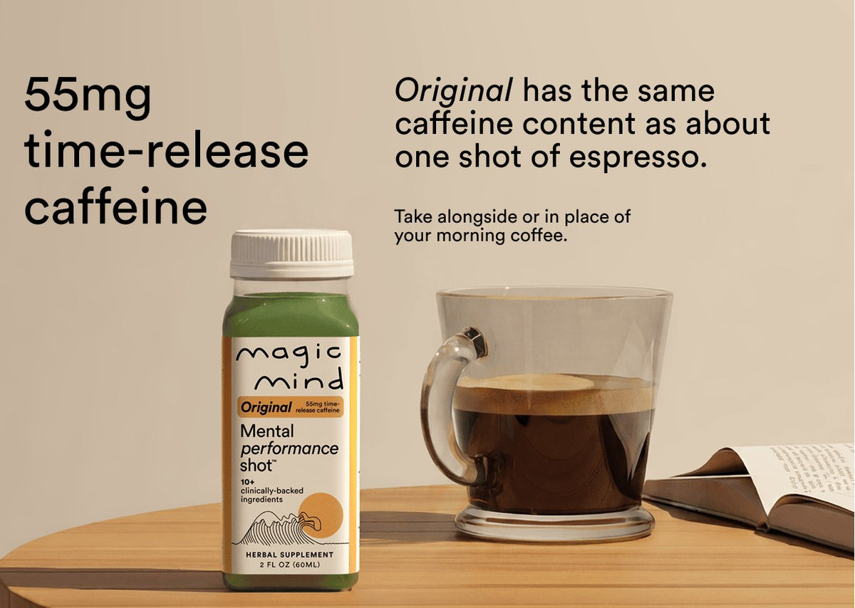 Rise Focus Shot next to a cup of coffee, 55mg time-release caffeine