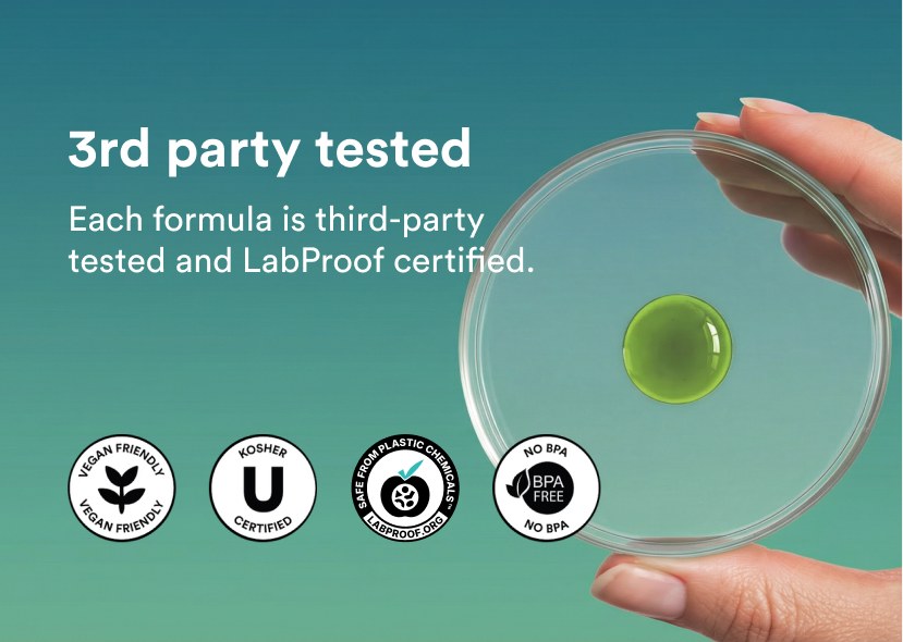 Third-party tested: vegan friendly, Kosher, Safe From Plastic Chemicals and BPA free badges